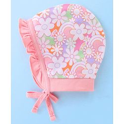 Babyhug 100% Cotton Knit Floral Print Tie Knot Cap Pack of 2 - Pink