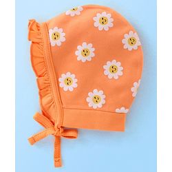 Babyhug 100% Cotton Knit Floral Print Tie Knot Cap Pack of 2 - Pink