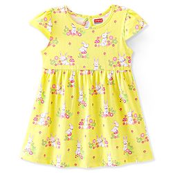 Babyhug 100% Cotton Knit Cap Sleeves Frock Floral & Bunny Print Pack of 2 - Yellow & Pink