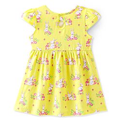 Babyhug 100% Cotton Knit Cap Sleeves Frock Floral & Bunny Print Pack of 2 - Yellow & Pink