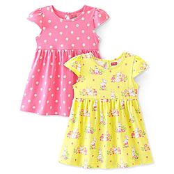 Babyhug 100% Cotton Knit Cap Sleeves Frock Floral & Bunny Print Pack of 2 - Yellow & Pink