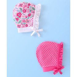 Babyhug 100% Cotton Knit Floral Print Tie Knot Cap - Pink