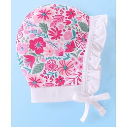 Babyhug 100% Cotton Knit Floral Print Tie Knot Cap - Pink