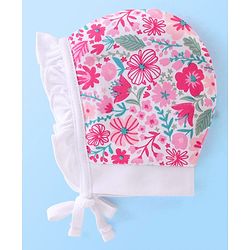 Babyhug 100% Cotton Knit Floral Print Tie Knot Cap - Pink
