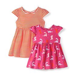 Babyhug 100% Cotton Knit Half Sleeves Frock With Dino Print & Striped Pack Of 2 - Pink & Peach