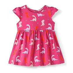 Babyhug 100% Cotton Knit Half Sleeves Frock With Dino Print & Striped Pack Of 2 - Pink & Peach