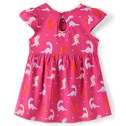 Babyhug 100% Cotton Knit Half Sleeves Frock With Dino Print & Striped Pack Of 2 - Pink & Peach