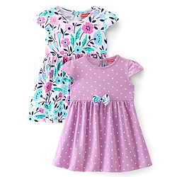 Babyhug Cotton Knit Cap Sleeves Floral Printed Frocks with Bow Applique Pack of 2 - Multicolour