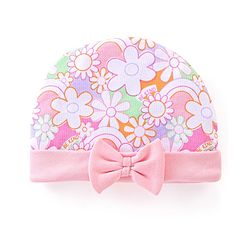 Babyhug 100% Cotton Knit Cap with Floral Print and Bow - Pink