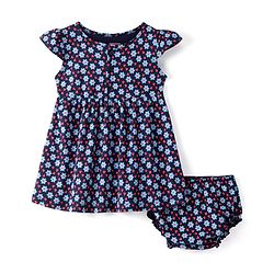 Babyhug 100% Cotton Single Jersey Knit Half Sleeves Frock With Bloomer Floral Print - Navy Blue