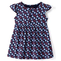 Babyhug 100% Cotton Single Jersey Knit Half Sleeves Frock With Bloomer Floral Print - Navy Blue
