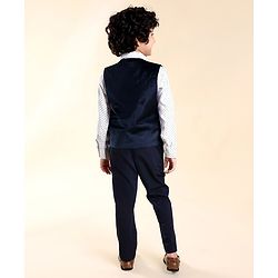 Babyhug Woven  Full Sleeves Polka Dot Print Party Suit With Velvet Waist Coat - Navy Blue