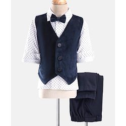 Babyhug Woven  Full Sleeves Polka Dot Print Party Suit With Velvet Waist Coat - Navy Blue