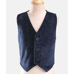 Babyhug Woven  Full Sleeves Polka Dot Print Party Suit With Velvet Waist Coat - Navy Blue