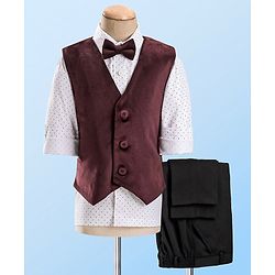 Babyhug Full Sleeves Velvet Party Suit with Bow Solid & Polka Dot Print - White & Maroon
