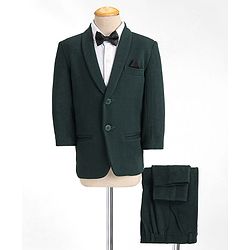 Babyhug Woven Full Sleeves Three Pieces Solid Colour Party Suit With Bow - Green & White