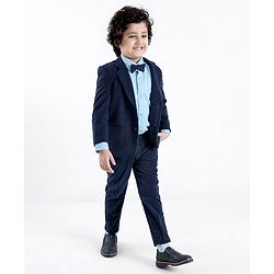 Babyhug Woven Full Sleeves Three Piece Solid Colour Party Suit with Bow - Navy Blue & Light Blue