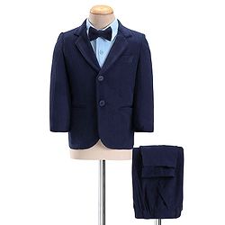 Babyhug Woven Full Sleeves Three Piece Solid Colour Party Suit with Bow - Navy Blue & Light Blue