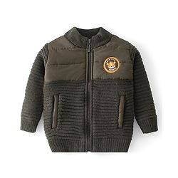 Babyhug Full Sleeves Front Open Sweater with Self Design- Olive
