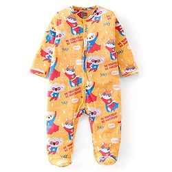 Babyhug Cotton Knit Full Sleeves Super Hero Printed Footed Sleep Suit - Yellow
