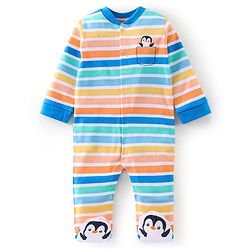 Babyhug Cotton Knit Full Sleeves Striped & Penguin Printed Sleep Suit - Multicolour