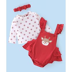 Babyhug 100% Cotton Knit Reindeer Printed Frock Style Onesie with Full Sleeves Inner Tee & Headband - Red