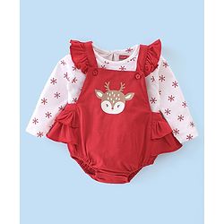 Babyhug 100% Cotton Knit Reindeer Printed Frock Style Onesie with Full Sleeves Inner Tee & Headband - Red
