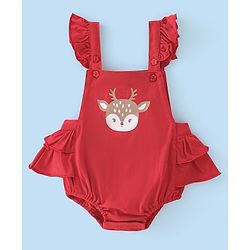 Babyhug 100% Cotton Knit Reindeer Printed Frock Style Onesie with Full Sleeves Inner Tee & Headband - Red