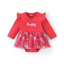 Babyhug 100% Cotton Knit Full Sleeves Frock Style Onesie With Floral & Text Print - Red