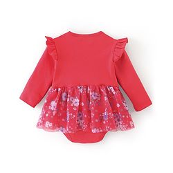 Babyhug 100% Cotton Knit Full Sleeves Frock Style Onesie With Floral & Text Print - Red