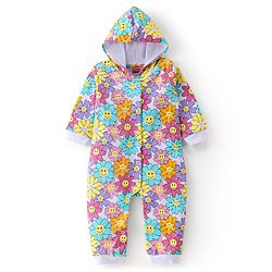 Babyhug 100% Cotton Knit Full Sleeves Hooded Romper with Floral Print - Multicolour