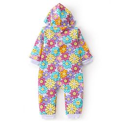 Babyhug 100% Cotton Knit Full Sleeves Hooded Romper with Floral Print - Multicolour