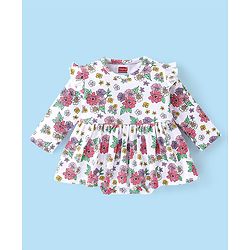 Babyhug 100% Cotton Knit Full Sleeves Floral Printed Frock Style Onesie  - White