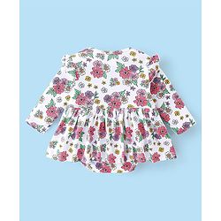 Babyhug 100% Cotton Knit Full Sleeves Floral Printed Frock Style Onesie  - White