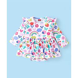 Babyhug 100% Cotton Knit Full Sleeves Floral Printed Frock Style Onesie  - Multicolour