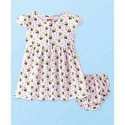 Babyhug 100% Cotton Single Jersey Knit half Sleeves Frock With Bloomer Honey Bee Print - White