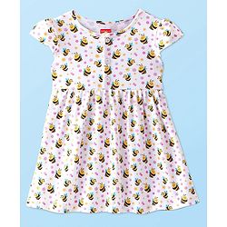 Babyhug 100% Cotton Single Jersey Knit half Sleeves Frock With Bloomer Honey Bee Print - White