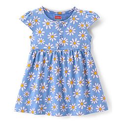 Babyhug Interlock Cotton Knit Cap Sleeves Floral Printed Frock - Blue & White