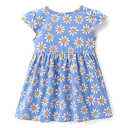 Babyhug Interlock Cotton Knit Cap Sleeves Floral Printed Frock - Blue & White