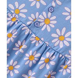 Babyhug Interlock Cotton Knit Cap Sleeves Floral Printed Frock - Blue & White