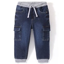 Babyhug Denim Full Length Jogger With Stretch Solid Colour - Dark Blue