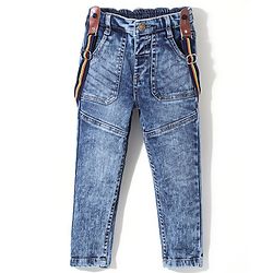 Babyhug DENIM Washed Full Length Jeans With Stretch & Suspender - Blue