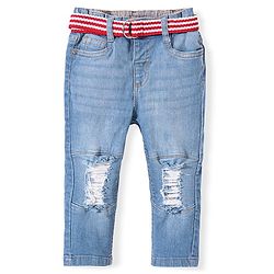 Babyhug Denim Full Length with Stretch Washed Distressed Jeans Solid Colour-  Blue