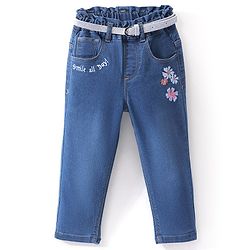 Babyhug Full length Jeans With Stretch with Belt &  Floral Embroidery - Blue
