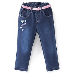 Babyhug Full Length Jeans With Stretch & Text Embroidered - Blue
