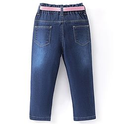 Babyhug Full Length Jeans With Stretch & Text Embroidered - Blue