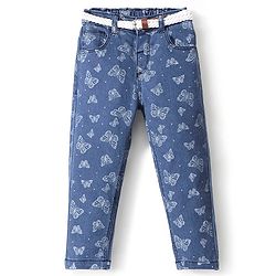 Babyhug Denim Full Length Stretchable Washed Jeans With Butterfly Print - Blue