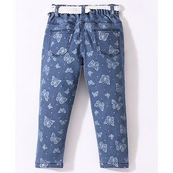 Babyhug Denim Full Length Stretchable Washed Jeans With Butterfly Print - Blue