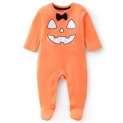 Babyhug Cotton Knit Full Sleeves Halloween Printed Footed Night Suit With Bow Applique - Orange