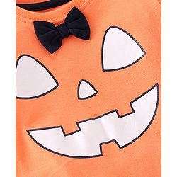 Babyhug Cotton Knit Full Sleeves Halloween Printed Footed Night Suit With Bow Applique - Orange